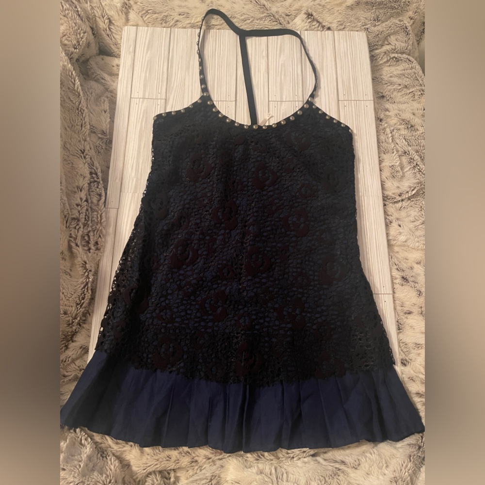 FREE PEOPLE Blue with Black Lace Studded Straps Tunic Tank Dress Size 8  NWOT